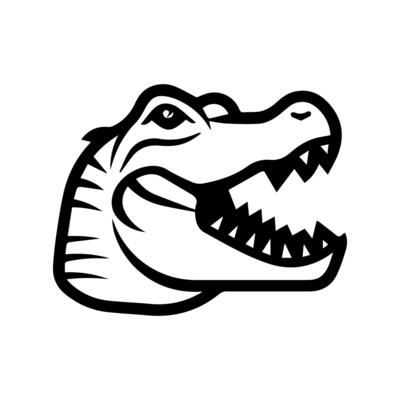 A crocodile head is shown in black and white