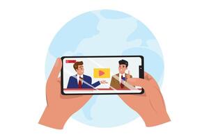 Hands holding a phone displaying a live broadcast with two politicians debating, global background vector