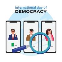 Conceptual illustration of democracy day with digital voting, three candidates displayed on mobile screens vector