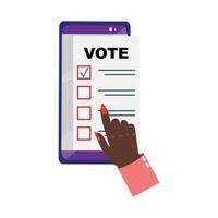 Hand on a touchscreen voting device marking a choice, representing digital voting and participation vector