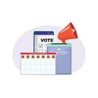 Election concept with a voting box, megaphone, and date reminder, encouraging democratic engagement vector