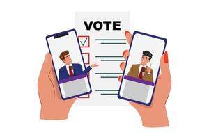 Phone screens show candidates speaking, with vote document and checkboxes visible in the background vector