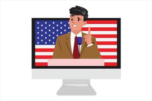 Screen with candidate in a suit, speaking into a microphone with an index finger up, symbolising political activism vector