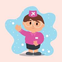Cartoon flight attendant smiling and waving in uniform, vector