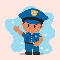 Cartoon police officer in uniform waving and smiling, vector