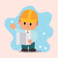 Cartoon architect with blueprint and hard hat waving, vector
