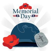 Memorial Day helmet with a medal and poppies in flat design vector