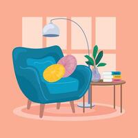 Cozy reading nook with blue armchair and books vector