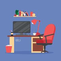 Modern workspace with computer desk and chair vector