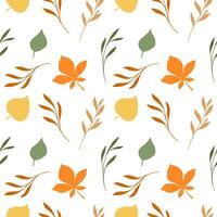 autumn green yellow red seamless pattern of different leaves, rowan berry, oak, chestnut, linden, birch, bright foliage botanical fall illustration, floral design, September, October background vector