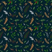 Seamless holly leaf pattern background with red, golden and green colored branches, winter botanical illustration design for textile, wrapping paper. Floral ecological set. vector