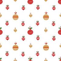 Seamless pattern with hand drawn Christmas balls. Decoration isolated elements. Doodles and sketches illustration red, green and golden colors, with bass, retro style Christmas decorations vector