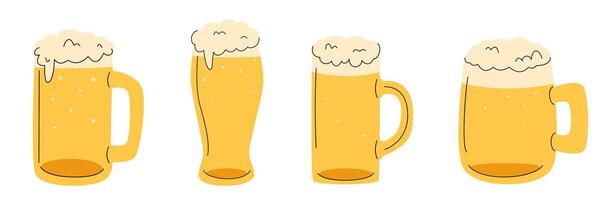 Set of hand drawn beer glasses with foam. Doodle drink. Minimalist cartoon style. Perfect for Oktoberfest, bar designs, menus, brewing events, and festive projects. vector