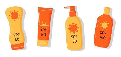 Cute SPF cream bottles set with various levels. Protection from the sun, uv rays. Perfect for summer-themed projects, skincare promotions, and health-related designs. vector