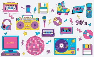 Back in to 90's themed collection. featuring music, tech, fashion, and lifestyle items. Perfect for nostalgic designs or retro inspired projects vector