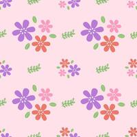 Floral pattern with a soft pink background. The design consists of various stylized flowers in shades of purple, pink, and orange. vector