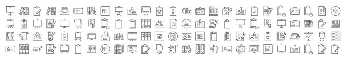 Documents Icon Set. Contains Icons of Presentation Board, Clipboard, Contract that Can Be Used for Design of Cards, Posts, Apps, Web Sites vector