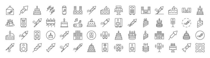 Collection of Line Icons of Holiday, Party, Fireworks, Cooks and Stereo. Editable Stroke. Minimalistic Linear Pictogram for Design of Cards, Apps, Banners, Posts vector