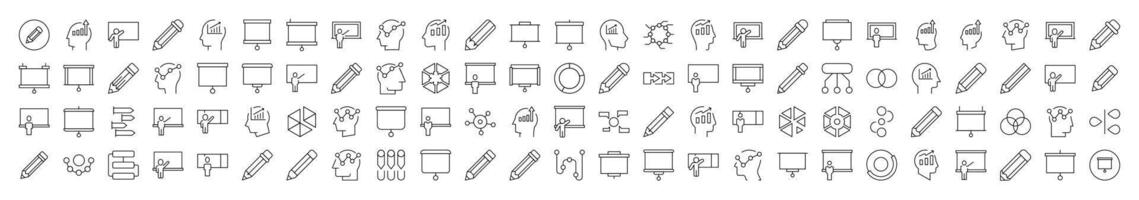 Presentation, Brainstorm, Pencil, Diagram Line Icon Set. Editable Stroke. Minimalistic Linear Pictogram for Design of Cards, Apps, Banners, Posts vector