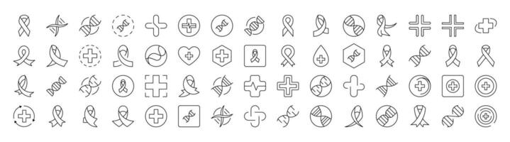 Collection of Outline Symbols of Medical Cross, Pink Ribbon, DNA Drawn with Thin Line for apps, web sites, banners, infographics and other types of design vector