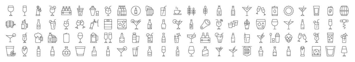 Soft Drinks and Alcohol Simple Linear Illustrations. Contains Icons of Beer, Cocktail, Bottle that Can Be Used for Design of Cards, Posts, Apps, Web Sites vector