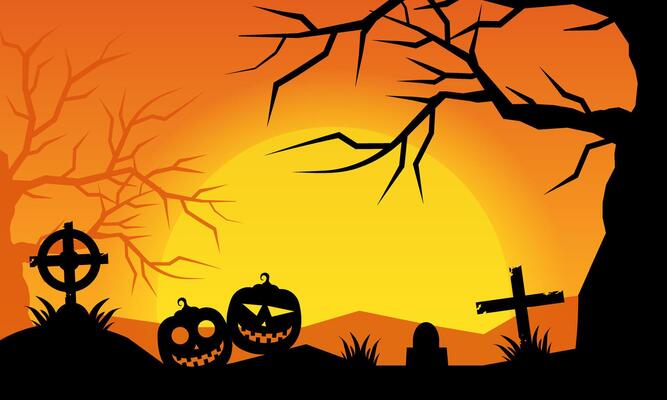 flat celebration of Halloween background with silhouette pumpkin and spooky tree