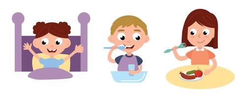 Daily routine for a child. Children wake up, brush their teeth and have breakfast. vector