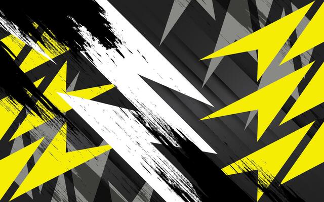 a black and yellow background with a lightning bolt