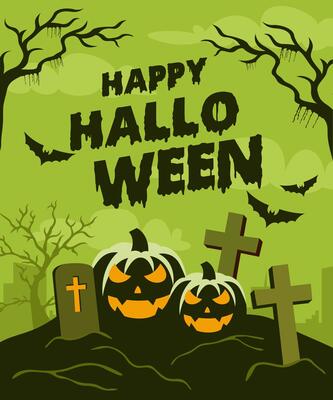 Halloween banner background party invitation with scary pumpkins, tombstones and dead trees design