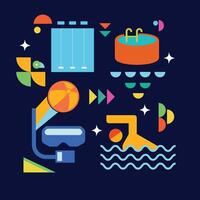 a colorful illustration of a pool, a diving board, and other items vector