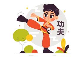 Kung Fu Action Scene with Characters Demonstrating Chinese Martial Arts in Flat Style vector