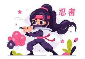 Flat Style of Japanese Ninja Character in Cartoon Background vector