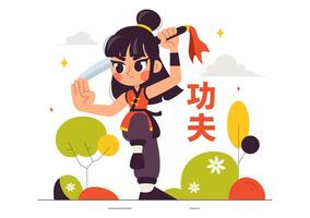 Martial Arts Kung Fu in Flat Style with Cartoon Characters Demonstrating Skills vector