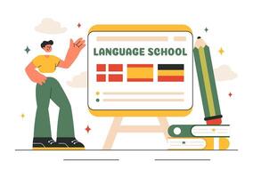 Language Training Programs Illustration with Virtual Learning and Foreign Studies vector