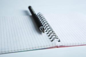 pen on the checkered paper notebook photo