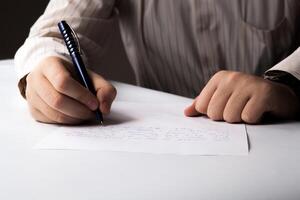 man is writting on a sheet of paper photo