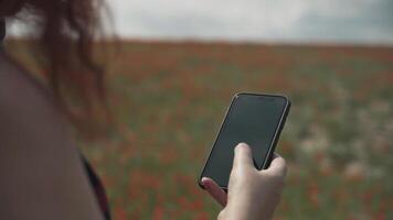 Smartphone in woman's hand on background of flowers field. Girl's fingers scroll and tap on touch screen of mobile device, then fix the curly hair that has been ruffled by wind. Blogger in nature. video