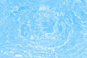 Bluewater waves on the surface ripples blurred. Defocus blurred transparent blue colored clear calm water surface texture with splash and bubbles. Water waves with shining pattern texture background. photo