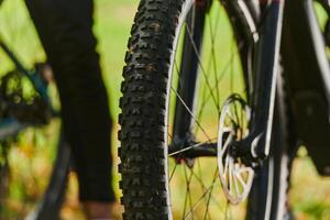 A sports bicycle races through the park, its components in focused motion spinning wheels, agile pedals, and sleek handlebars creating a dynamic spectacle of athleticism and speed against the backdrop photo