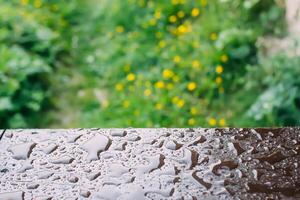 Wet wooden railing of terrace. Architecture detail in water drops after the rain. photo