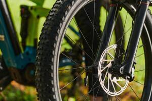 A sports bicycle races through the park, its components in focused motion spinning wheels, agile pedals, and sleek handlebars creating a dynamic spectacle of athleticism and speed against the backdrop photo