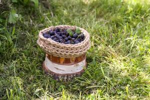 Juicy ripe berries of a gooseberry in a small handmade jute basket. photo