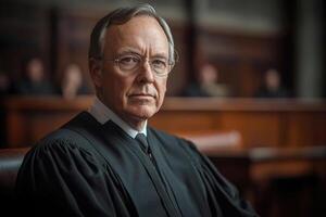 un retrato de un justa juez, simbolizando justicia y el regla de ley en un sala de justicia ajuste. foto