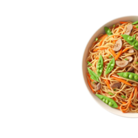 Vegetable lo mein chewy noodles tangled with snow peas carrots and shiitake isolated on transparent png