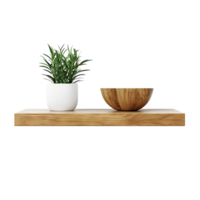 Simple yet Stylish A Wooden Shelf with a Plant and Bowl, a Minimalist Design Element for Any Home. png