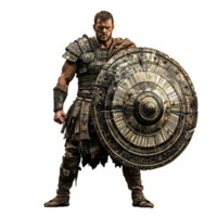 A fierce warrior stands defiant, his weathered shield a testament to countless battles, his gaze unwavering, ready to face any challenge. png