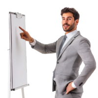 A man in a suit is pointing at a whiteboard png