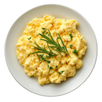 A plate of fluffy scrambled eggs garnished with fresh herbs, a simple yet satisfying culinary delight. png