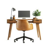 A Minimalist Home Office Setup A Wooden Desk, Comfortable Chair, and a Touch of Greenery png