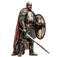 A Medieval Warrior Stands Ready, Clad in Armor, Sword Drawn, Shield at His Side. The Image Captures the Spirit of Chivalry and Valor. png